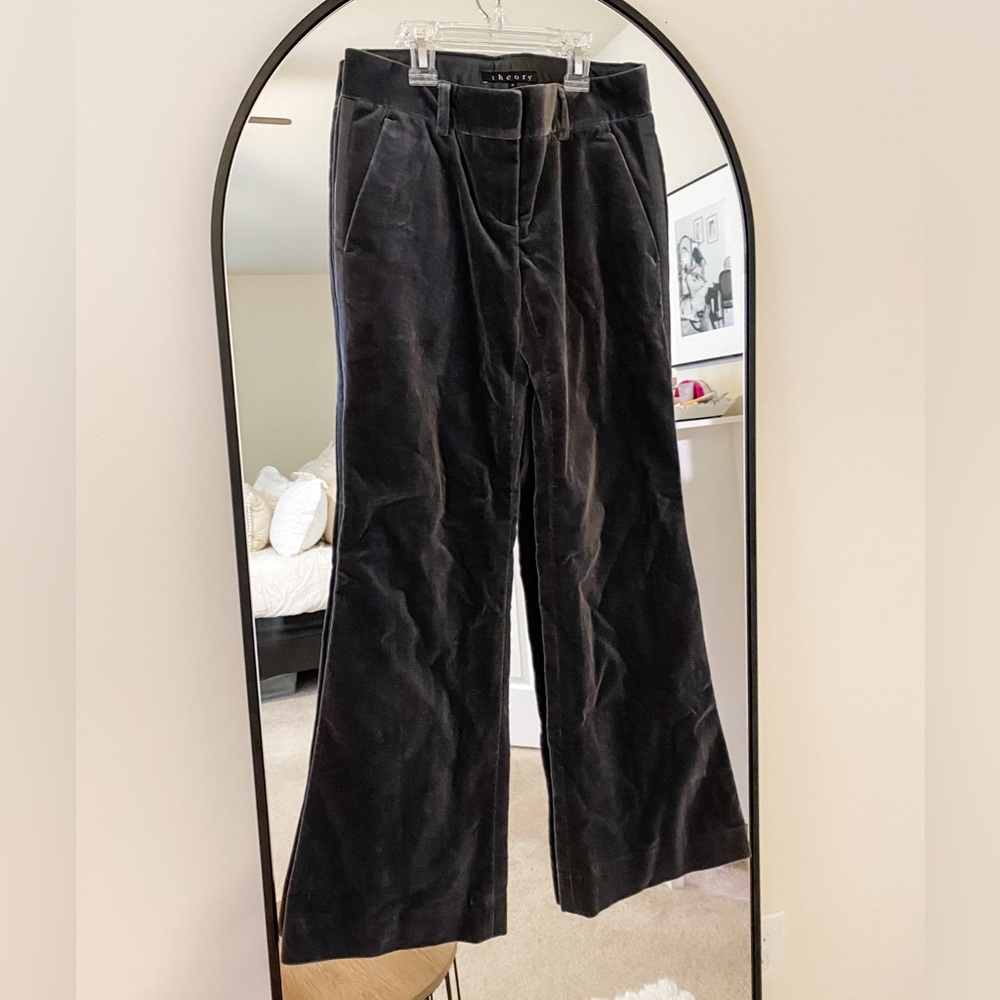 Theory flare bottom velvet dress pants with tuxedo stripe side. Size 0